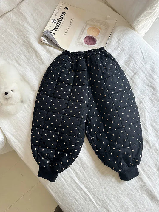 ロングパンツ・スウェットパンツ Black / 2T (90) キッズパンツ 水玉ドットプリントキルトパデッド防寒バルーンジョガーパンツ【mh0007922】