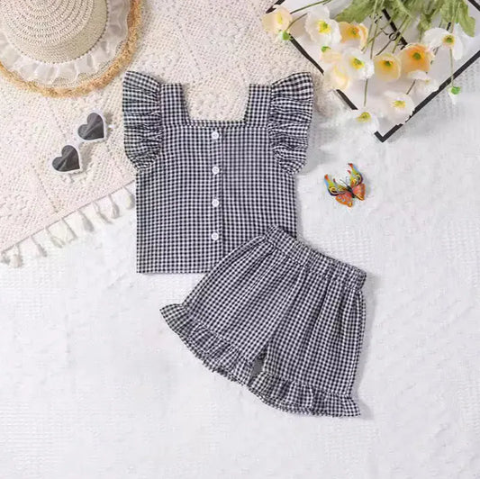 半袖セットアップ Black / 3-6M 66cm ベビーセットアップ 2点セット フリルスリーブブラウス+ショートパンツ チェック 2カラー【mh0005857】