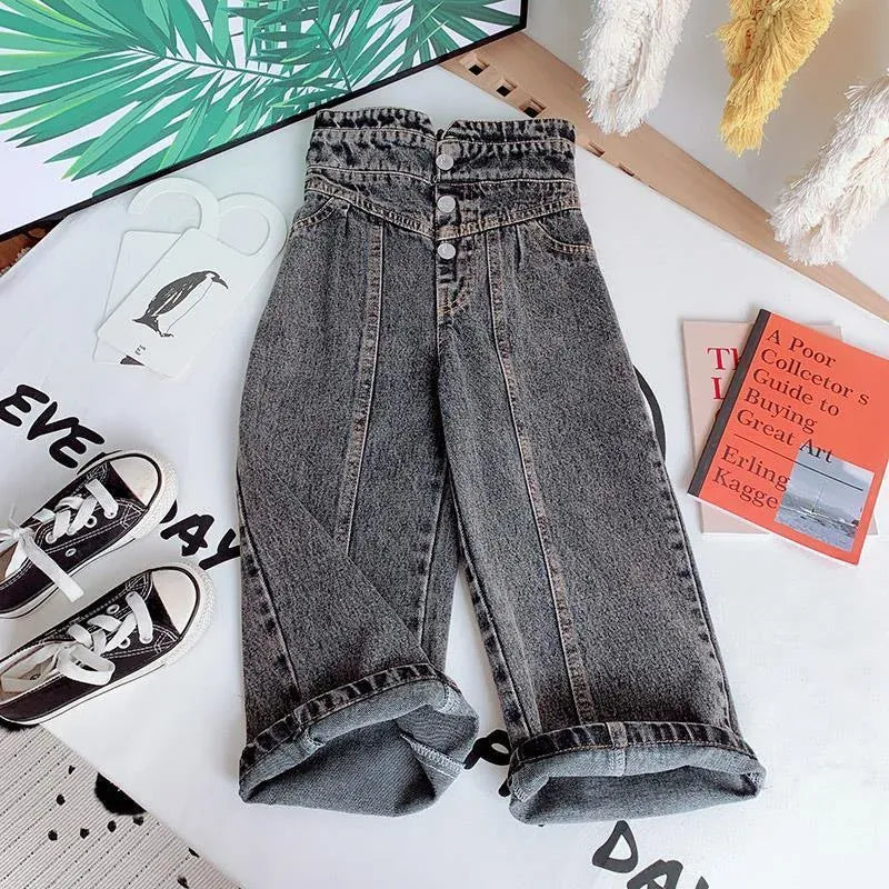 デニムパンツ black / 3T 90-100cm キッズジュニアパンツ デニムパンツ ハイウェストバギーパンツ ジーンズ ジーパン ブラック/ブルー/2カラー