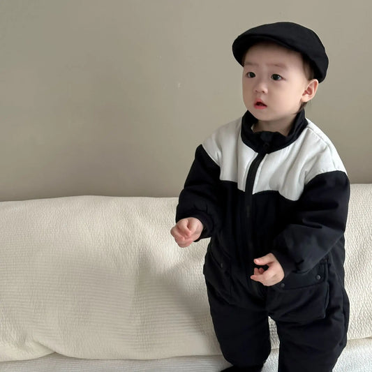 アウタージャンプスーツ Black / 6M 66CM ベビーアウタージャンプスーツ パッチワーク切り替えパデッドジップアップ長袖ロンパース【mh0007823】