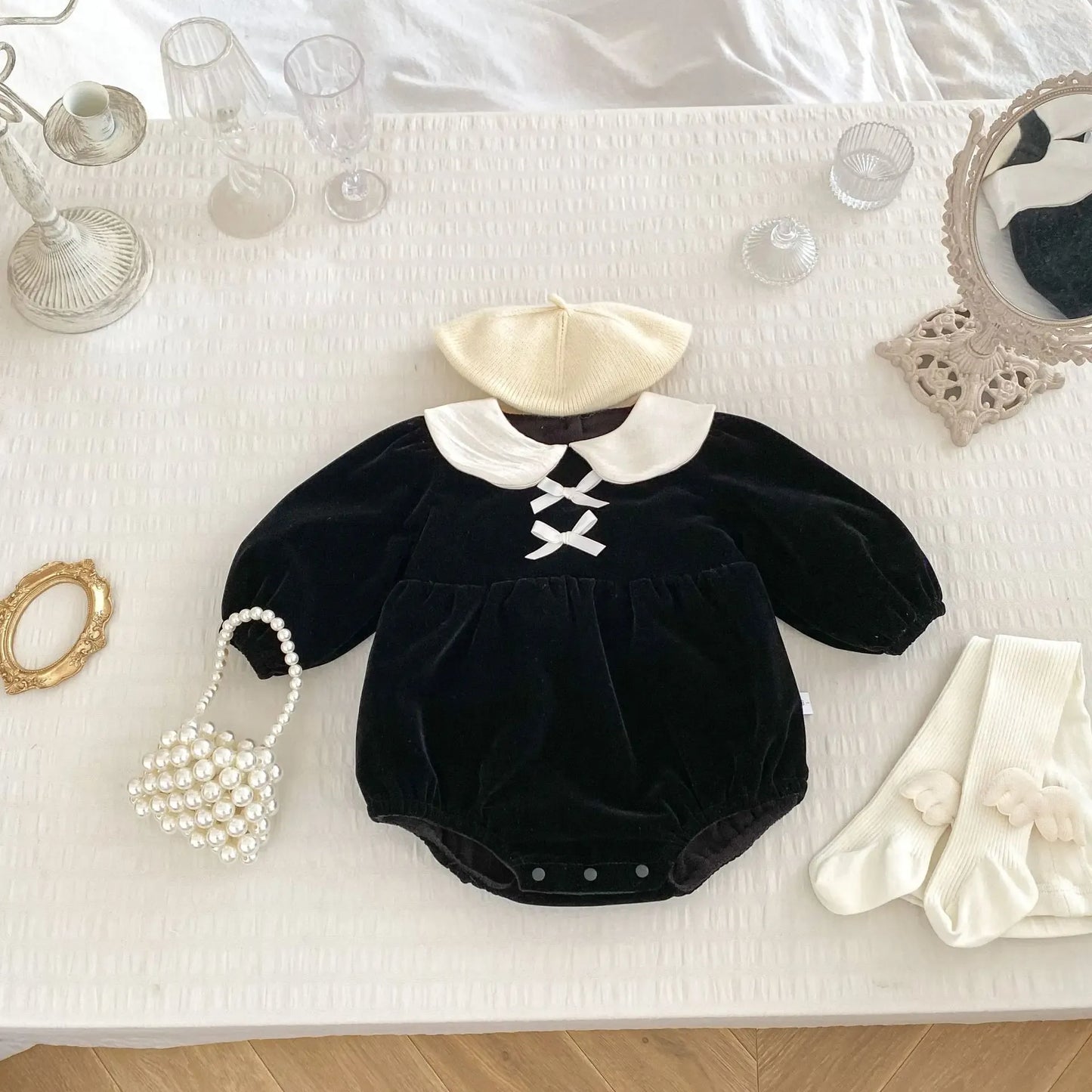 長袖ロンパース Black / 6M 66CM ベビーロンパース リボン丸襟裏フリース長袖ボディスーツ【mh0008127】