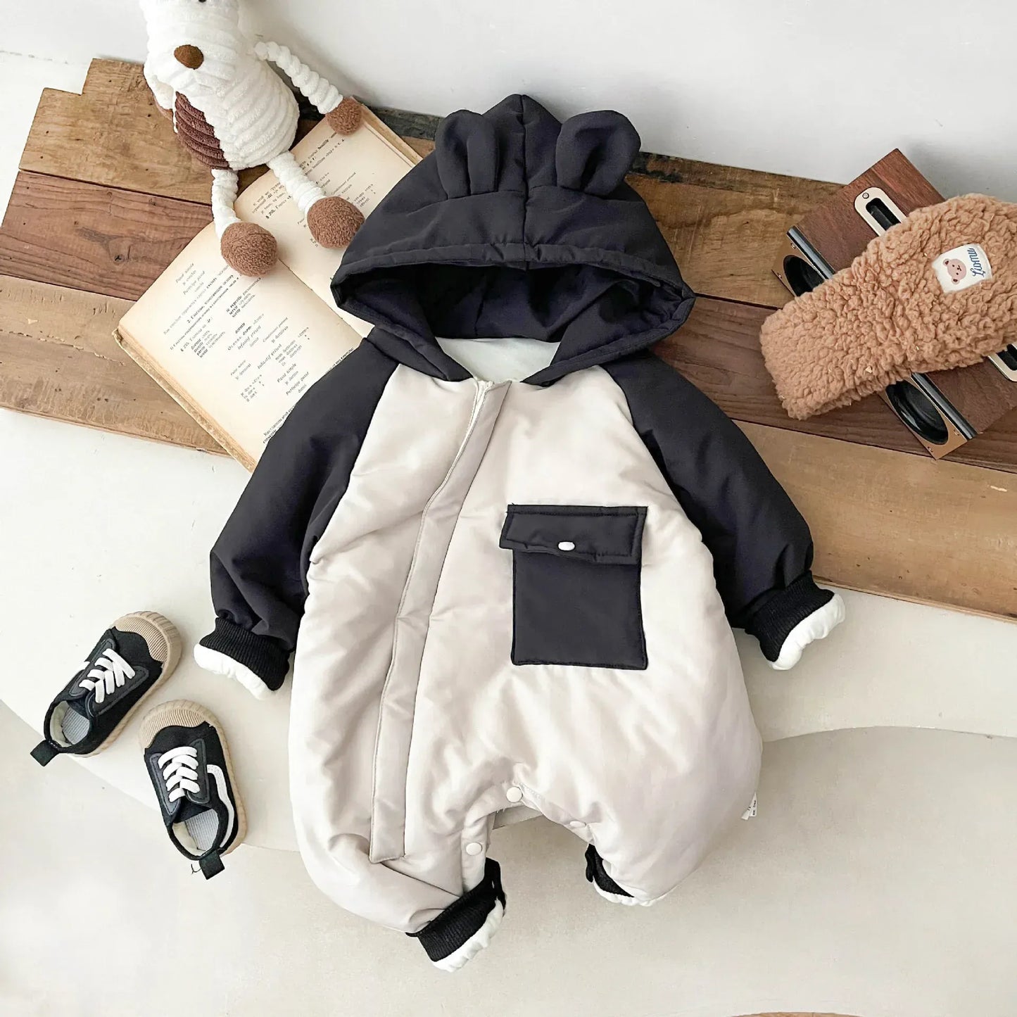 アウタージャンプスーツ Black / 6M 66CM ベビーアウタージャンプスーツ 耳付きフーディパッチワーク防寒長袖ロンパース【mh0008381】