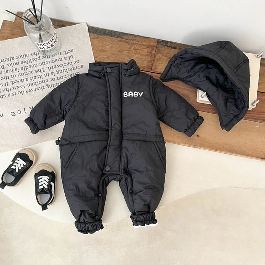 アウタージャンプスーツ Black / 6M 66CM ベビーアウタージャンプスーツ ロゴプリントフーディ防寒長袖ロンパース【mh0008382】