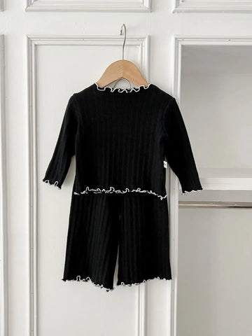 長袖セットアップ black / 6M 66cm ベビーセットアップ 長袖フリルエッジTシャツ+ワイドルーズパンツ 2カラー