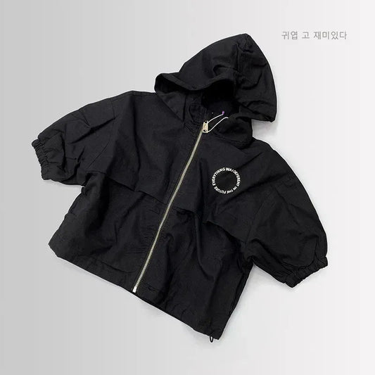 ショートコート・ジャケット・ジャンパー Black / 80cm 9-12M キッズアウター フーディウィンドブレーカーコートジャケット 2カラー【mh0007479】