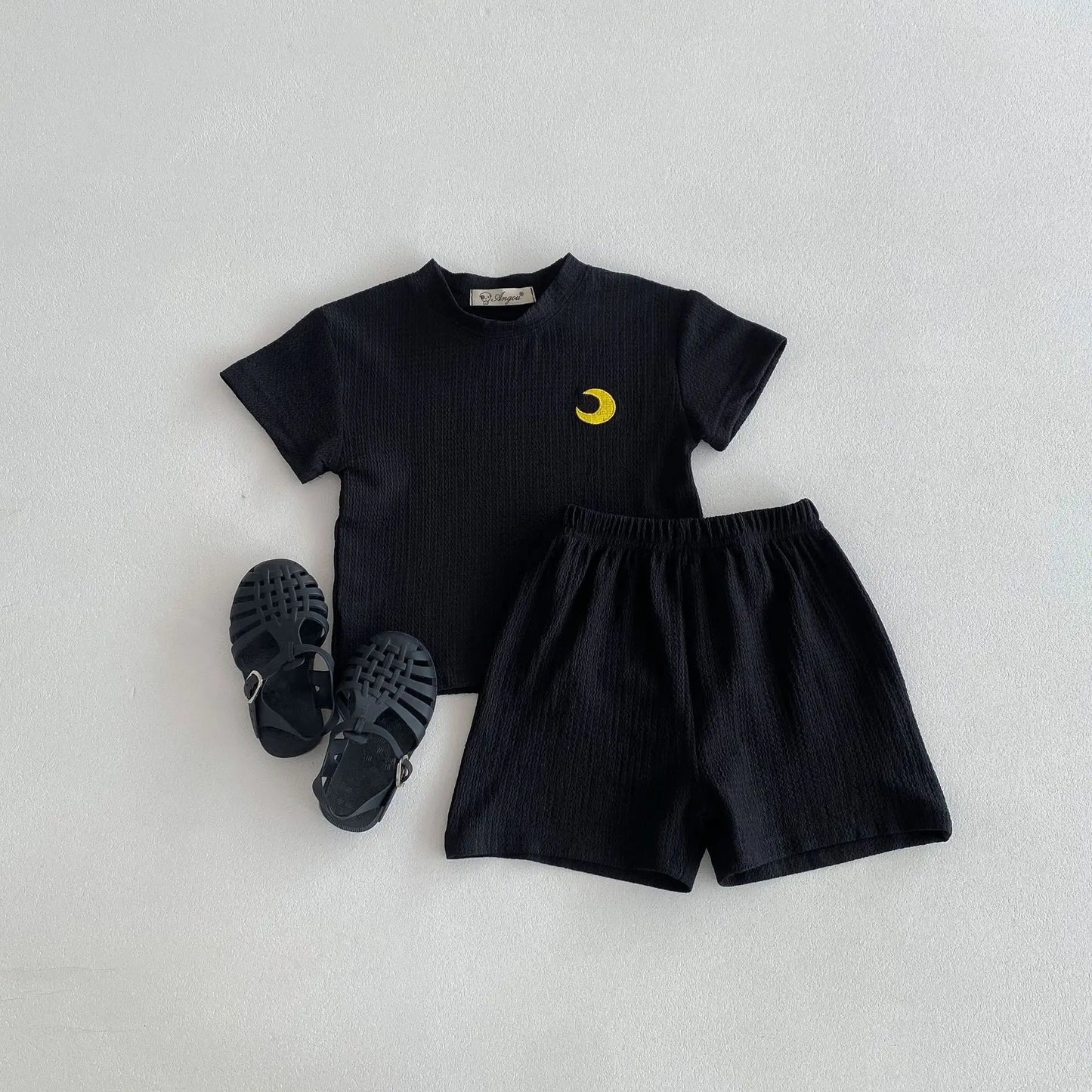 半袖セットアップ black / 80cm 9-12m キッズセットアップ 2点セット 半袖Tシャツ+ショートパンツ 太陽/雲/月 ワンポイント刺繍 3カラー