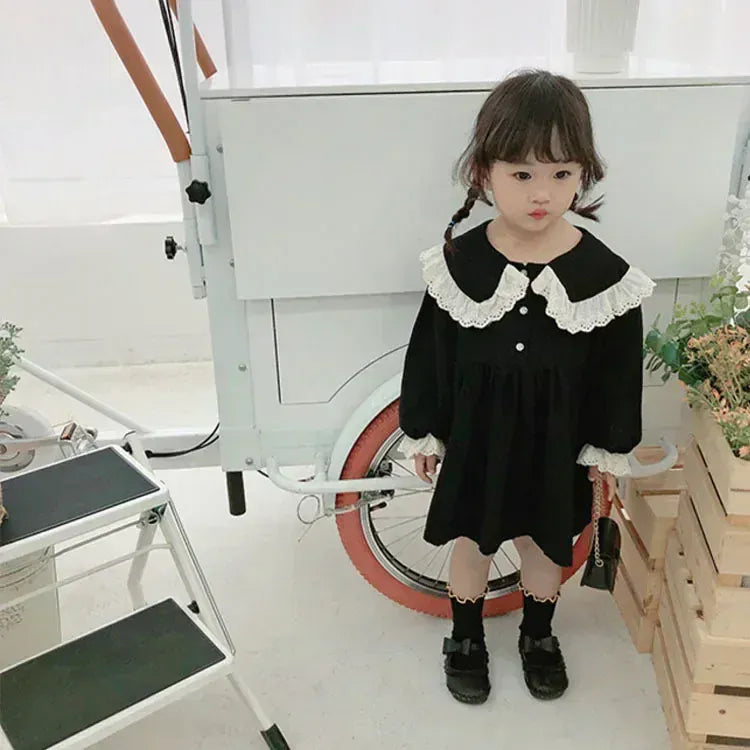 長袖ワンピース Black / 80cm キッズワンピース レース縁取りビッグ襟長袖パフスリーブワンピース【mh0007656】