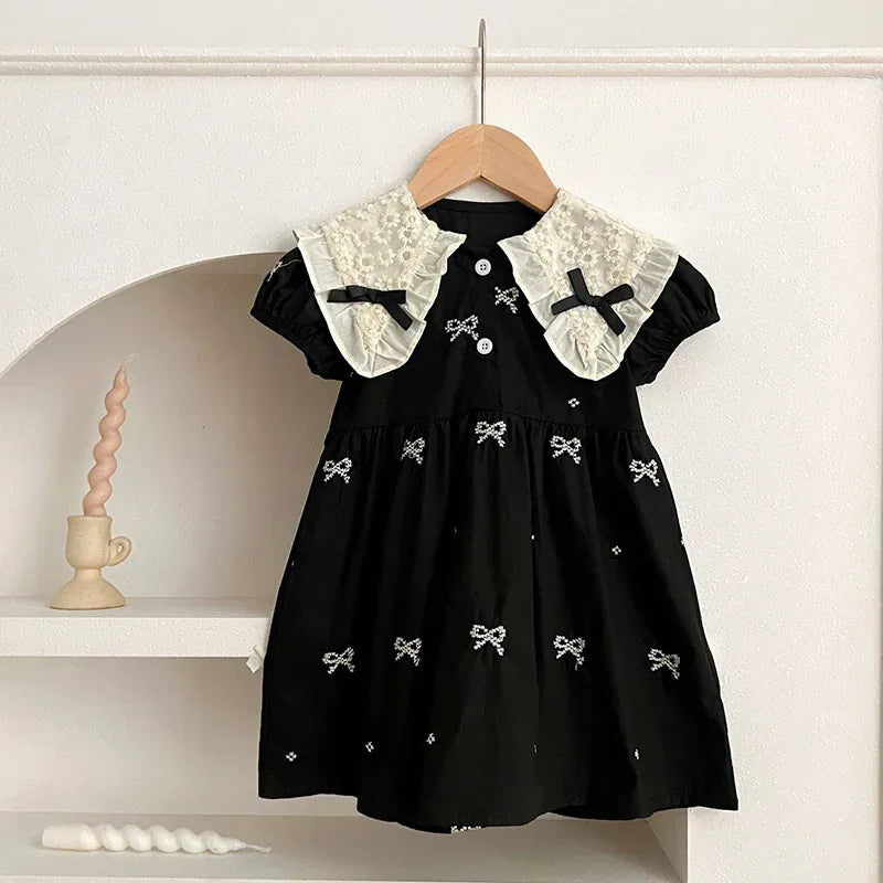 半袖ロンパース black Dress / 90cm ベビーロンパース/キッズワンピース 半袖 リボン刺繍 レース 丸襟 リンクコーデ 姉妹 お揃いコーデ【mh0005830】