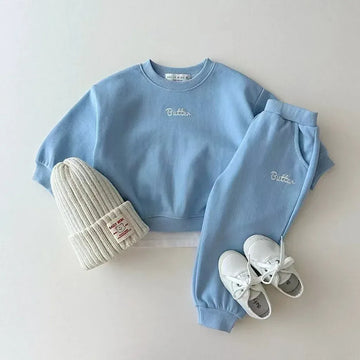 長袖セットアップ blue 2pc / 80cm 9-12m キッズセットアップ 2点セット スウェットシャツ+スウェットパンツ トレーナー レターロゴ刺繍 3カラー