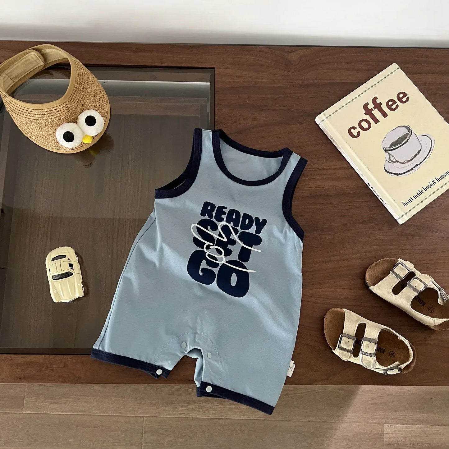 ノースリーブジャンプスーツ Blue / 6M 66CM ベビージャンプスーツ タンクジャプスーツ ボディスーツ レターロゴプリント 2カラー【mh0006216】