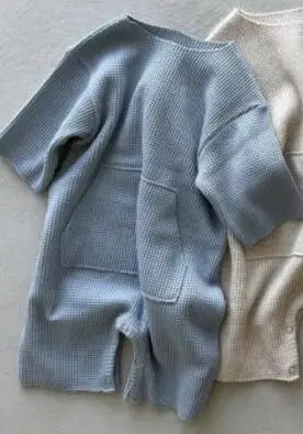 長袖ロンパース Blue / 6M 66CM ベビージャンプスーツ カンガルーポケット長袖ニットロンパース【mh0008843】