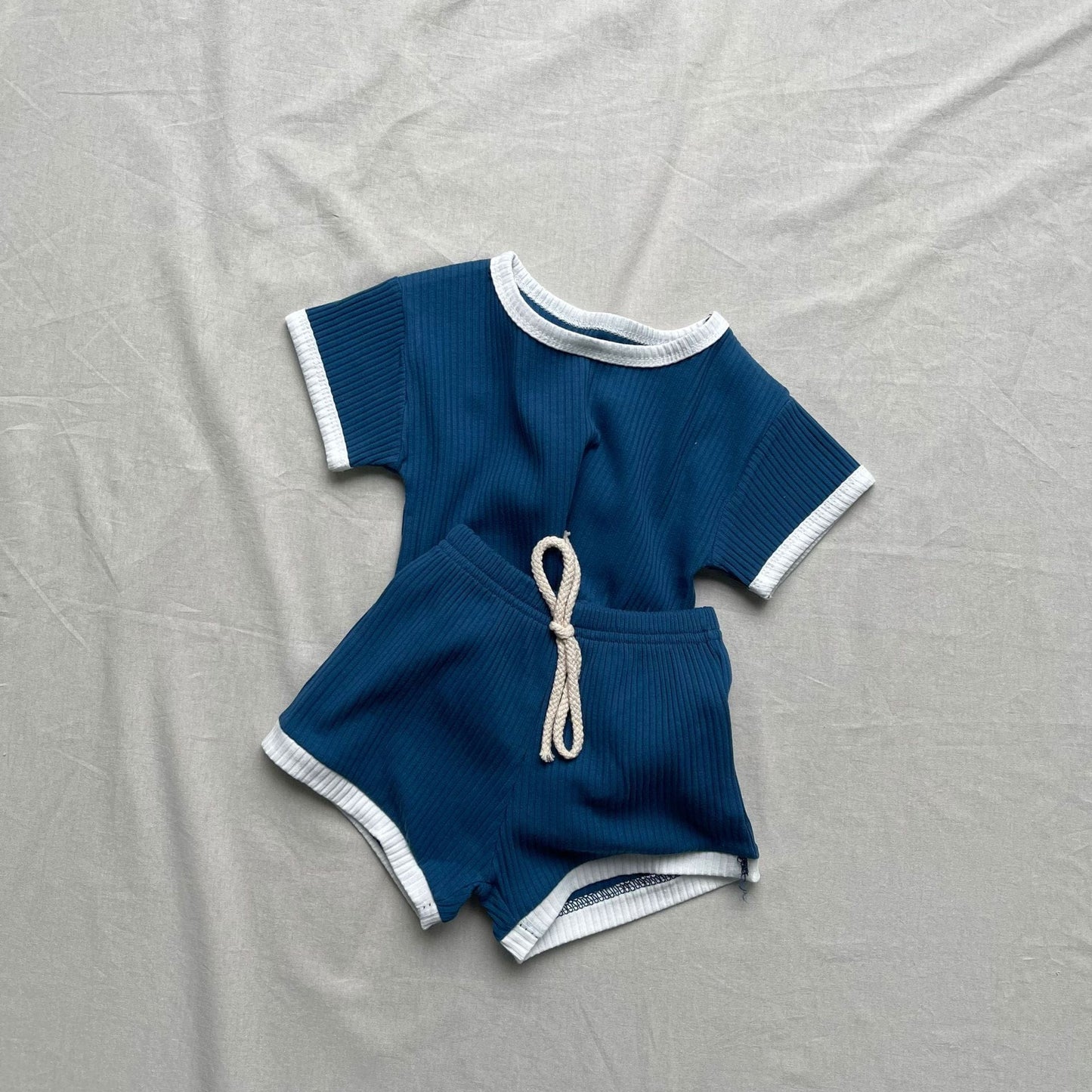 半袖セットアップ Blue / 73cm バイピング半袖Tシャツ+ショートパンツセットアップ 2点セット【mh0009436】