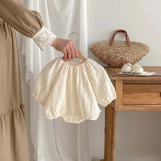 長袖ロンパース bodysuit / 6M 66cm ベビーロンパース/ワンピース 長袖 チェックエンボス ベージュ