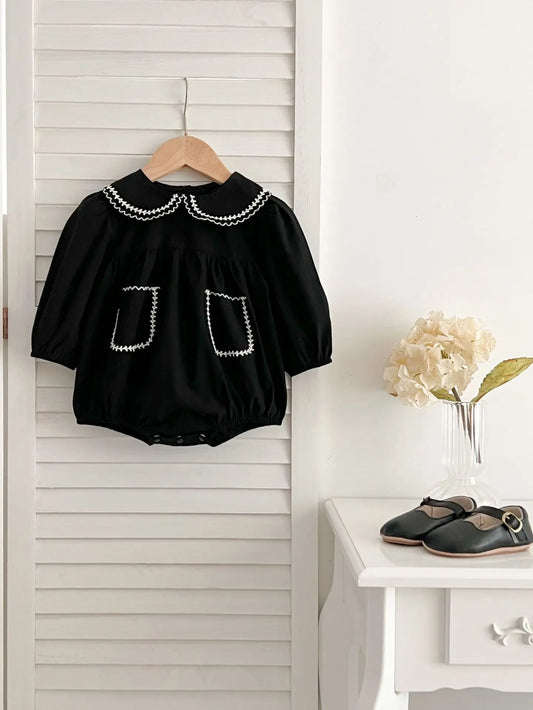 長袖ロンパース bodysuit / 6M 66cm ベビーロンパース キッズワンピース 長袖ボディスーツ 長袖ワンピース ポケット 丸襟 ブラック リンクコーデ 姉妹お揃い