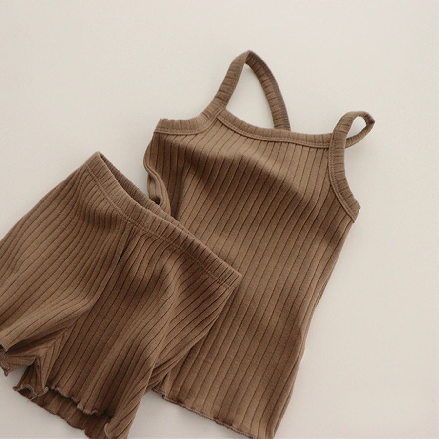 ノースリーブセットアップ Brown / 66cm ベビー キッズ セットアップ バッククロス キャミソール フリル パンツ【mh0000780】