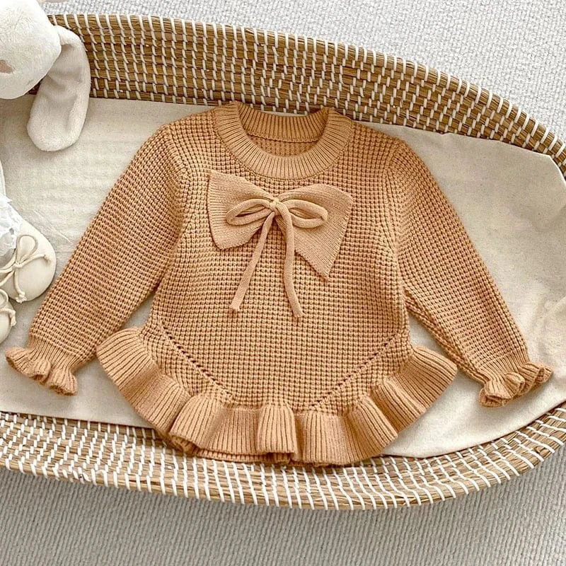 長袖ロンパース Brown / 66cm ベビーロンパース リボンフリルミニスカートニット長袖ボディスーツ【mh0008548】