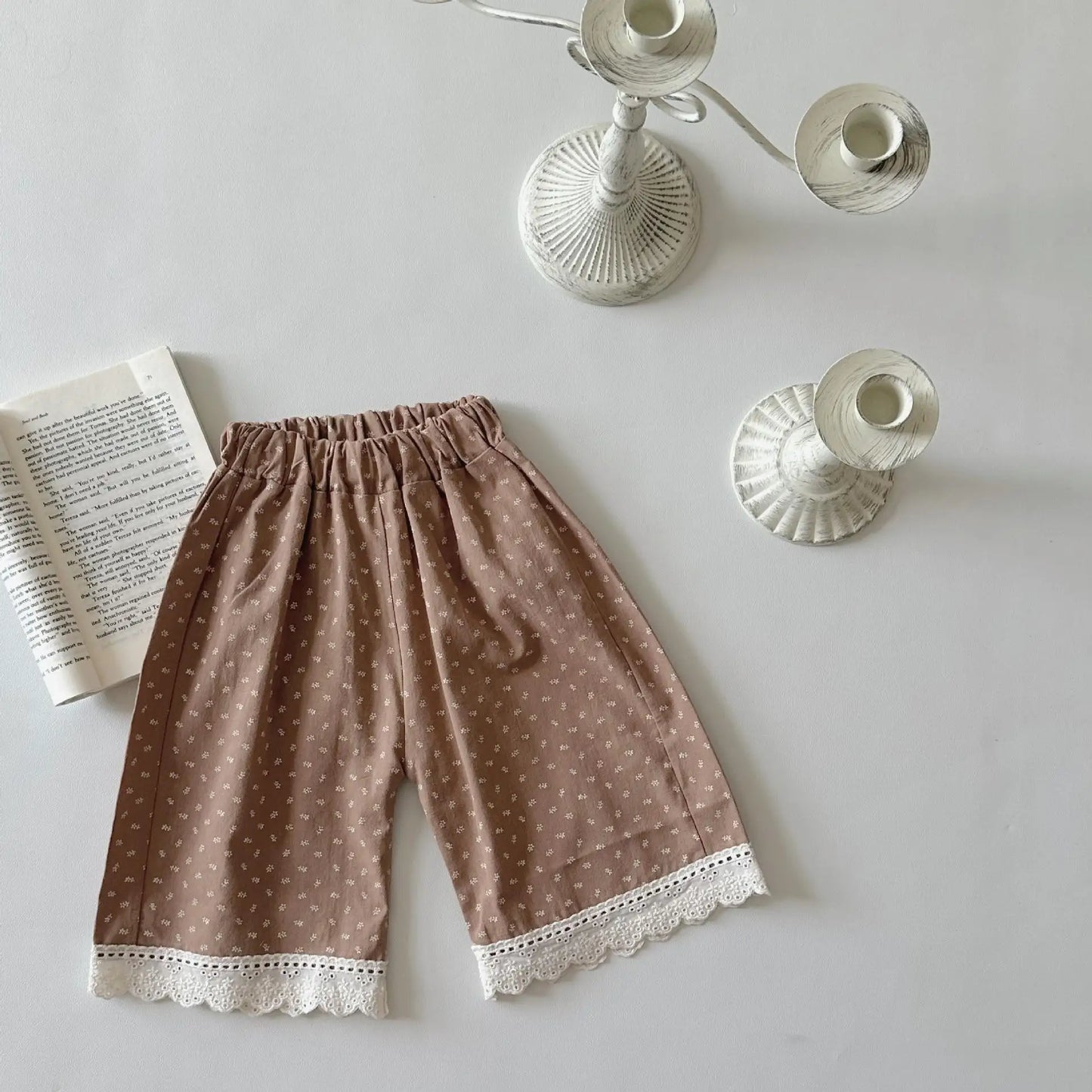 ロングパンツ・スウェットパンツ Brown / 6M 66CM ベビーパンツ 裾レース ワイドルーズ ロングパンツ 水玉ドットプリント 2カラー【mh0006382】