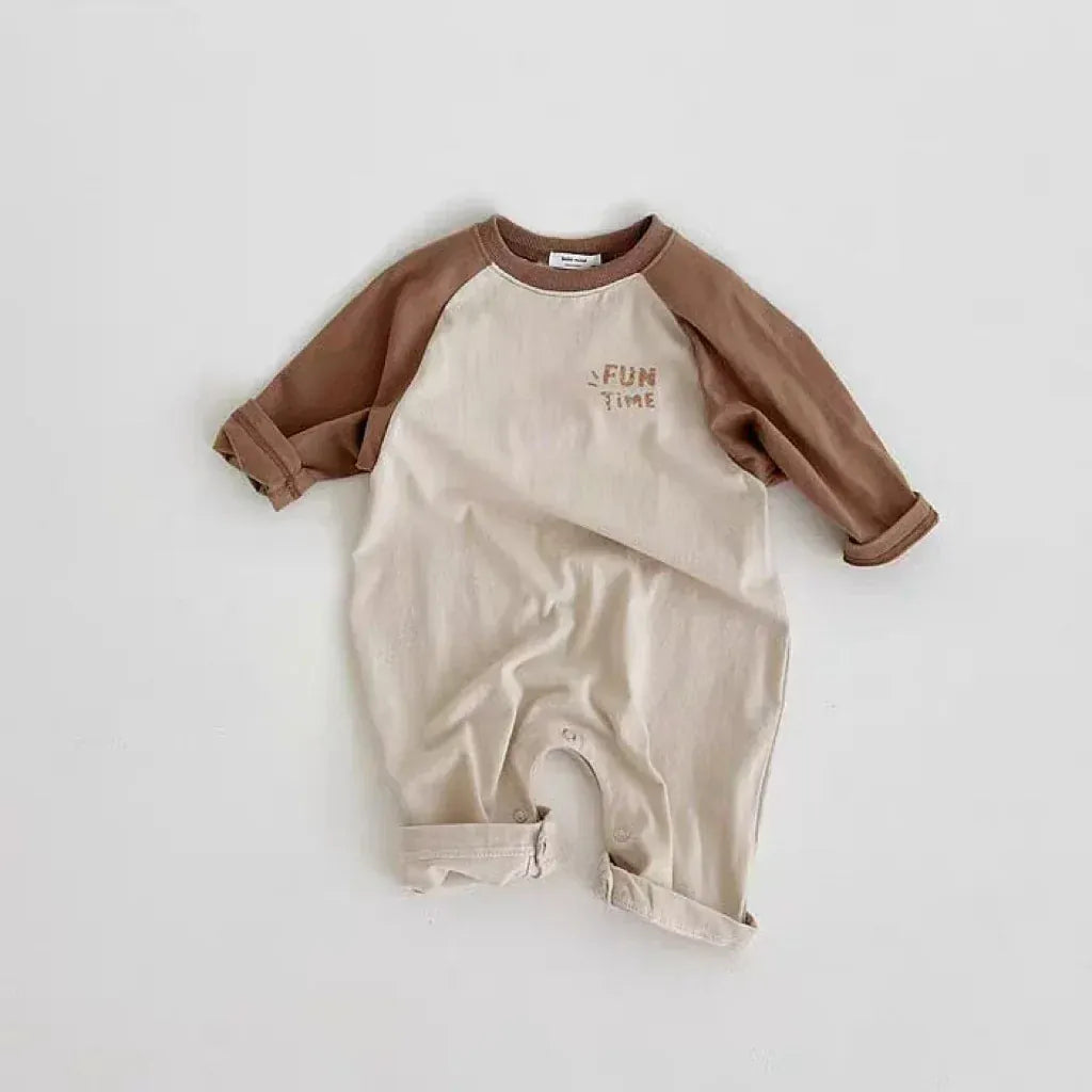 長袖ロンパース Brown / 6M 66CM ベビーロンパース パッチワークラグランスリーブ長袖ジャンプスーツ【mh0008839】