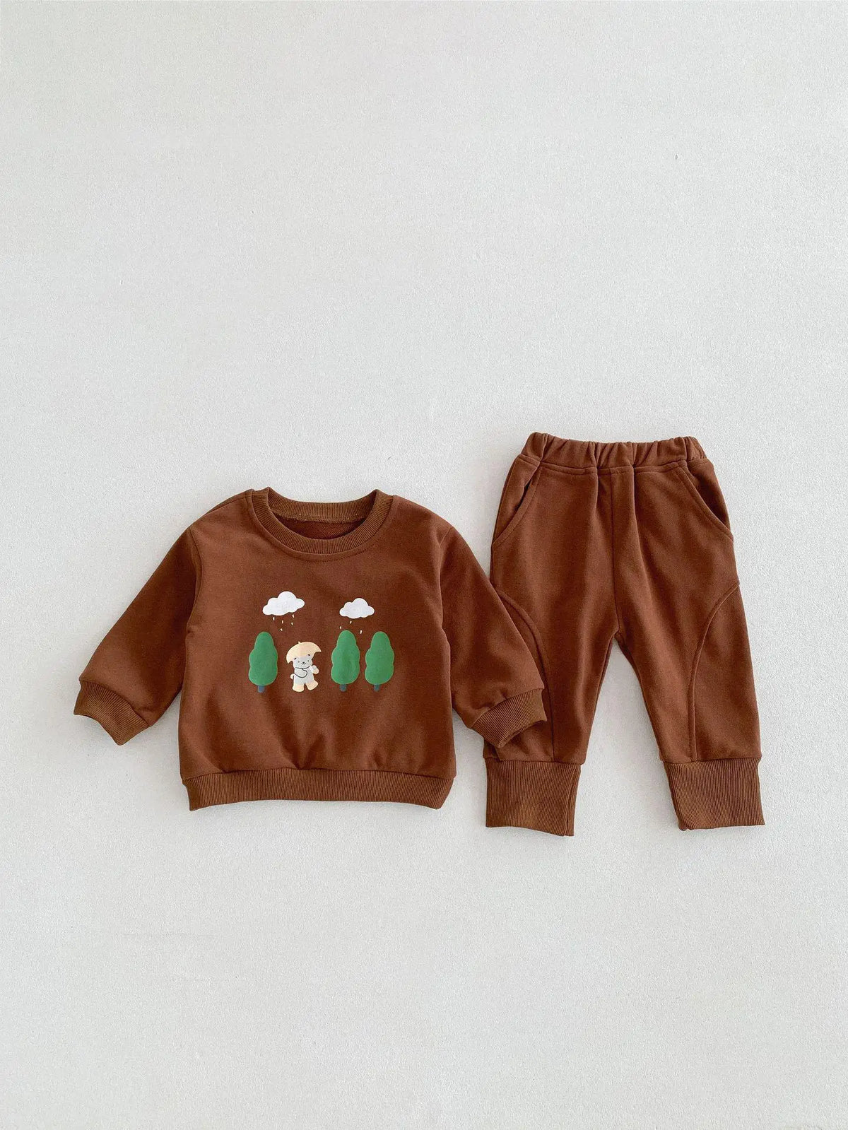 ベビーキッズセットアップ(茶)長袖トレーナー&スウェットパンツ くまプリント