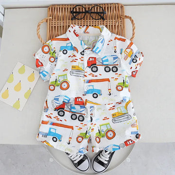 半袖セットアップ car / 80cm キッズセットアップ 2点セット 半袖アロハシャツ+ショートパンツ 車 キャラクター 総柄プリント【mh0004484】
