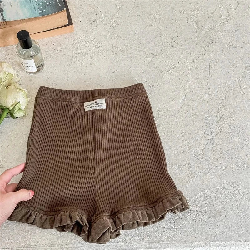 ハーフパンツ・ショートパンツ coffee / 12M 80cm キッズパンツ ガールズ無地リブショートパンツ 幼児用フリルレース付きスキニーパンツ