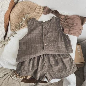 ノースリーブセットアップ Coffee / 12M 80cm キッズセットアップ 2点セット ノースリーブシャツブラウス+ショートパンツ シンプルベーシック 無地/チェック 2カラー【mh0006032】