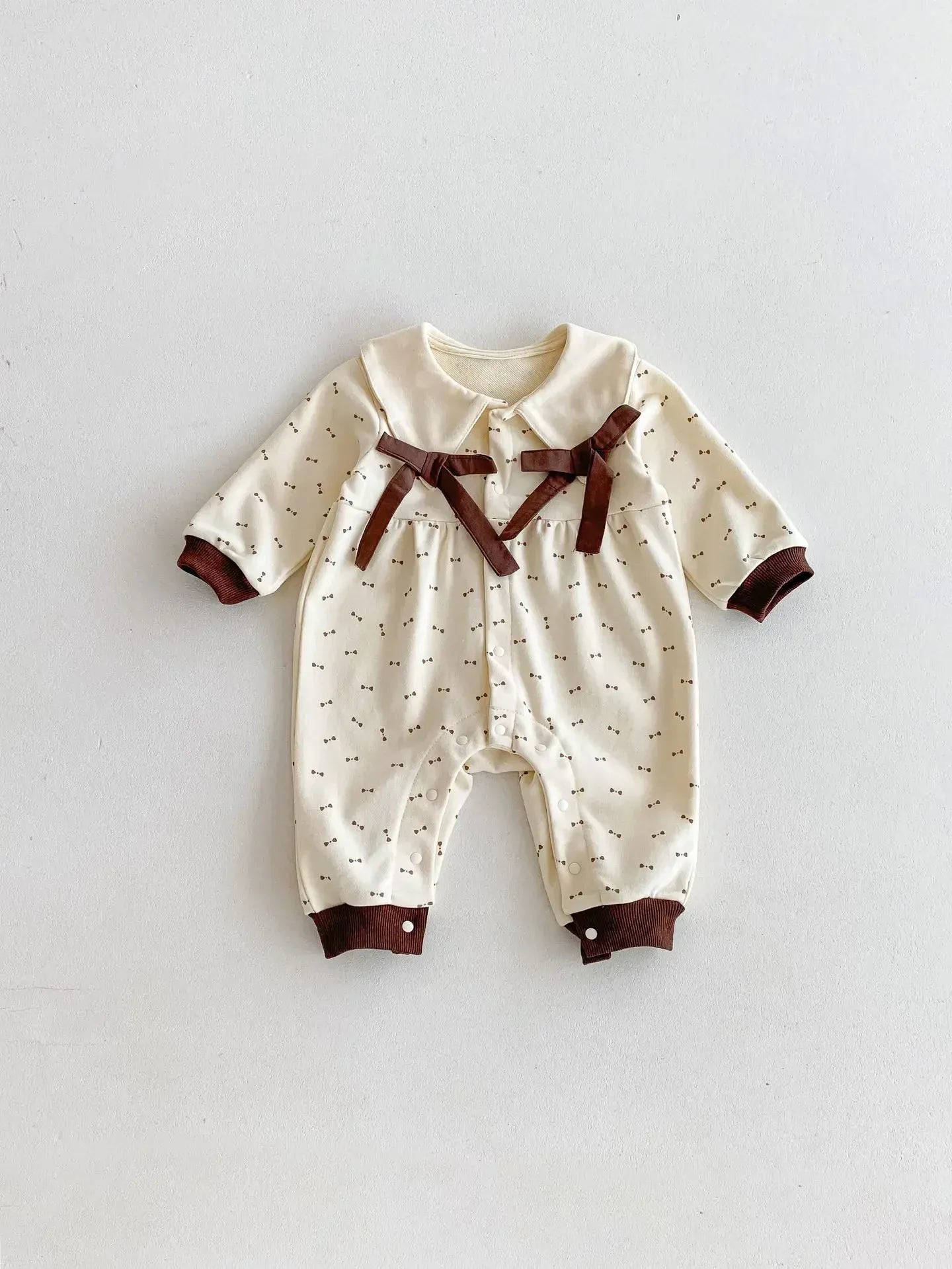 長袖ロンパース Coffee / 66cm 0-6m ベビーロンパース ビッグリボン丸襟長袖ジャンプスーツ 2カラー【mh0007100】