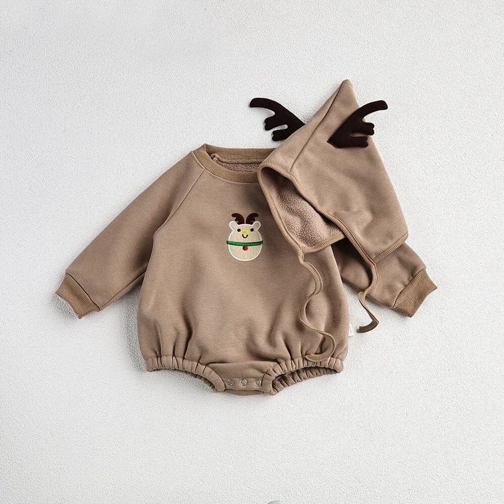 長袖ロンパース coffee / 66cm ベビー長袖ロンパース ボンネットセット クリスマス サンタ トナカイ クリスマスツリー コスチューム 帽子つき 3カラー ユニセックス 男の子 女の子 子供服