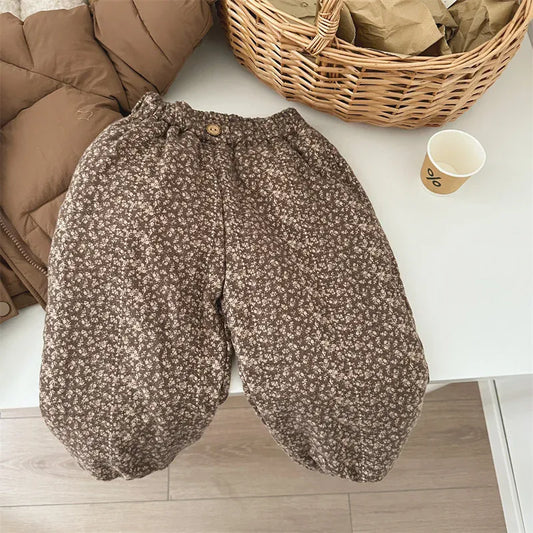 ロングパンツ・スウェットパンツ coffee / 80cm キッズパンツ フラワー花柄プリント 厚手ロングパンツ コーヒー グレー