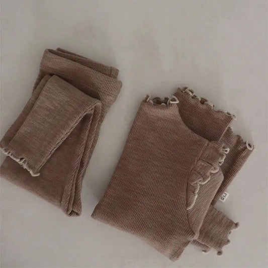 長袖パジャマ Coffee / 80cm 9-12M キッズパジャマセット フリル長袖Tシャツ+ロングパンツ ルームウェア 3カラー【mh0007490】