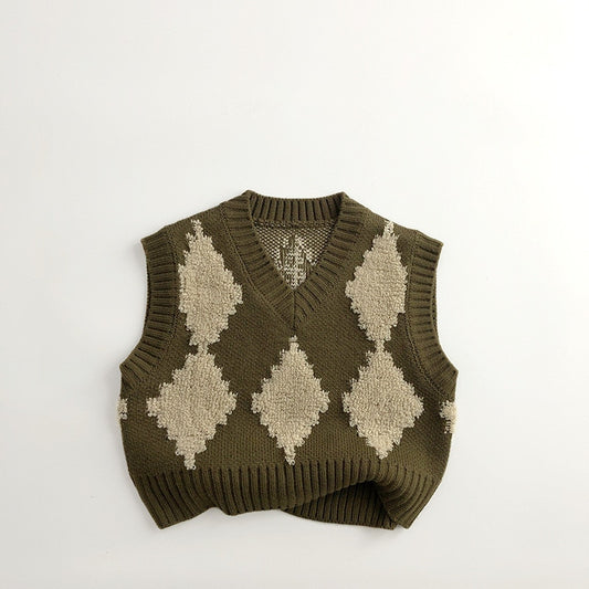 ベスト coffee / 80cm キッズ ニットベスト レトロ ダイヤチェック Vネック コーヒー イエロー 2カラー ボーイズ 男の子 子供服