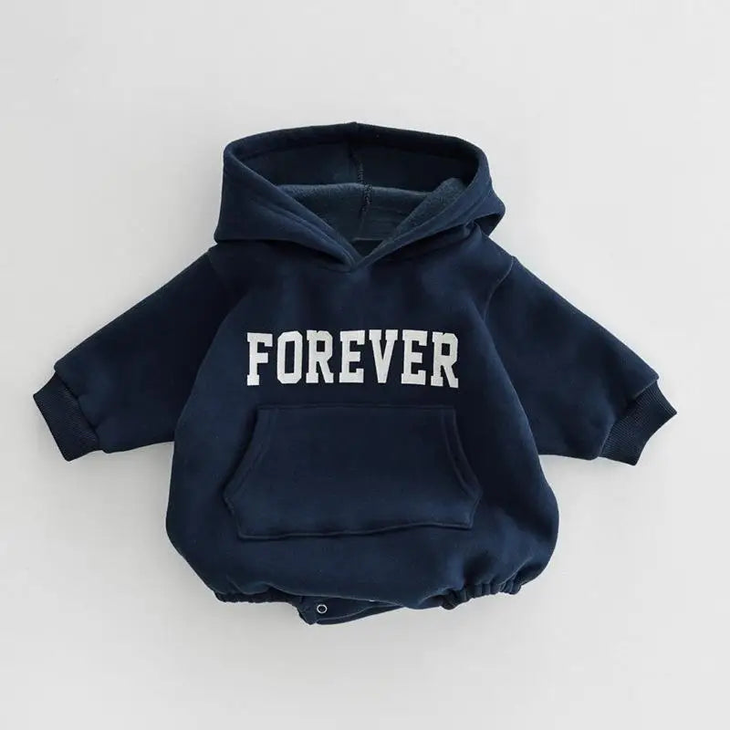 ネイビーブ長袖フーディ風ロンパース、胸元にFOREVERロゴプリント