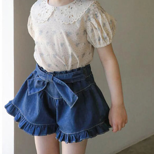 ハーフパンツ・ショートパンツ Dark Blue / 90cm キッズパンツ デニム フリルリボン ショートパンツ 2カラー【mh0006242】