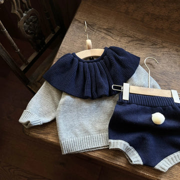 長袖セットアップ Dark Blue / 9M 73CM ベビーセットアップ 2点セット 長袖フリルカラーセータートップス ブルマパンツ 2カラー【mh0004372】