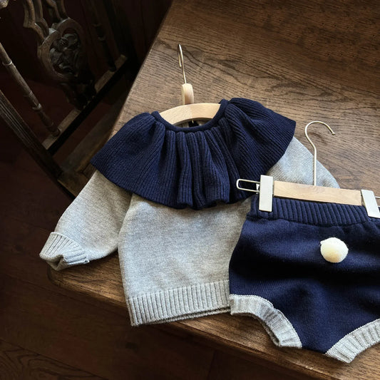 長袖セットアップ Dark Blue / 9M 73CM ベビーセットアップ 2点セット 長袖フリルカラーセータートップス ブルマパンツ 2カラー【mh0004372】