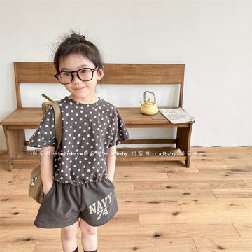 半袖セットアップ dark grey / 12M/80cm キッズ セットアップ 水玉 ドット レターロゴ プリント 半袖 Tシャツ ショートパンツ ブルー ダークグレー ユニセックス