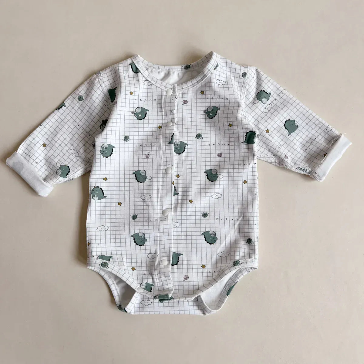 長袖ロンパース dinosaur / 6M 66CM ベビーロンパース プリント柄フロントボタン長袖ボディスーツ 3カラー【mh0006786】