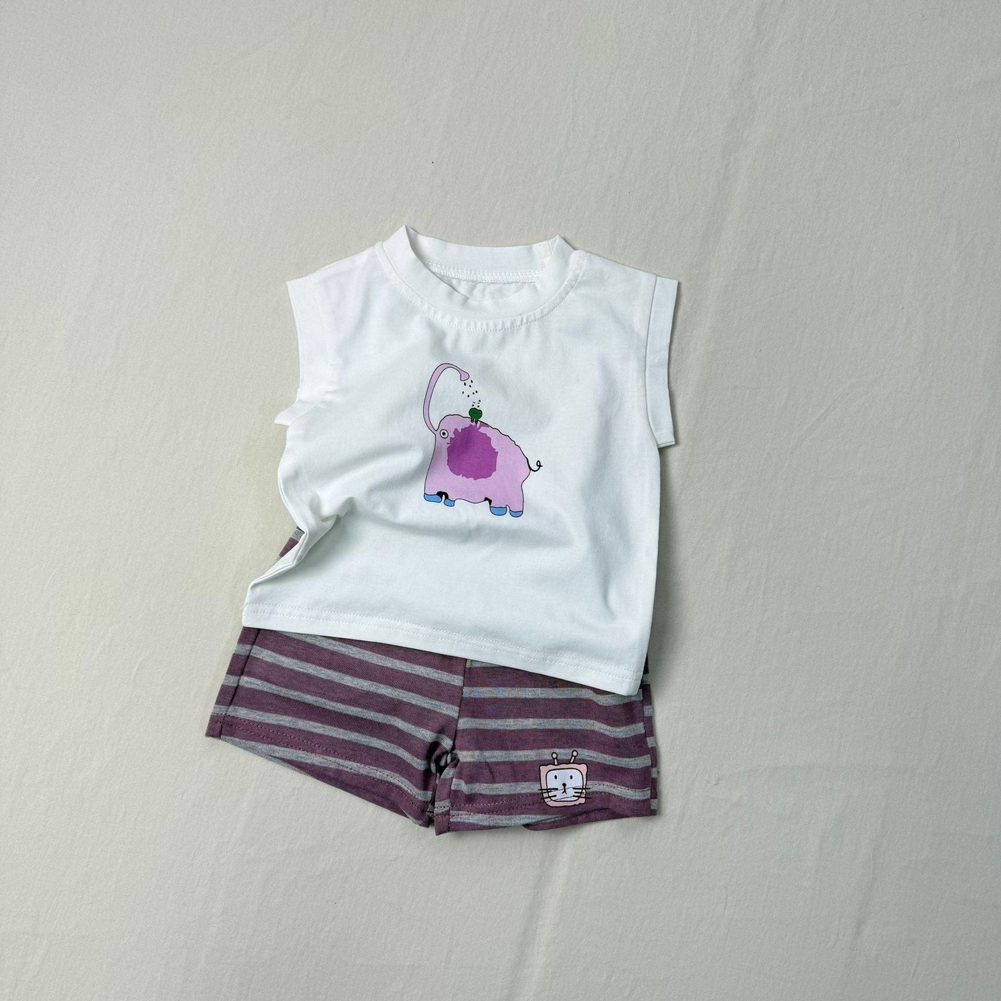 ノースリーブセットアップ Elephant / 73cm アニマルプリントノースリーブTシャツ+ボーダーショートパンツセットアップ 2点セット【mh0010415】