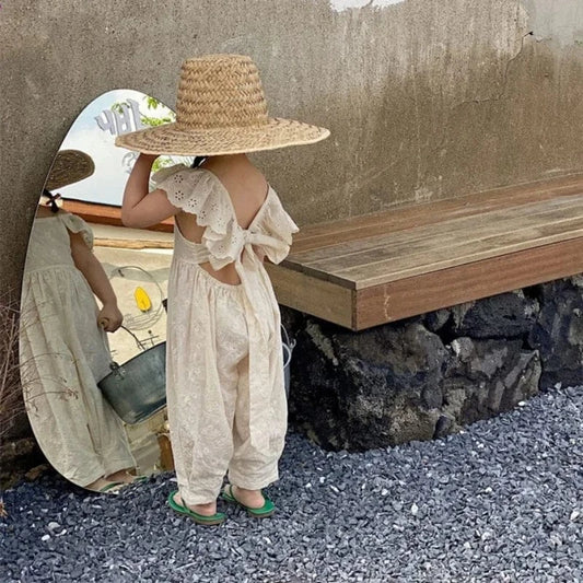 ノースリーブジャンプスーツ F25615 / 12-18 Months 80cm ☺︎ キッズジャンプスーツ フリルスリーブバックオープンサロペット つなぎ レース刺繍 ベージュ