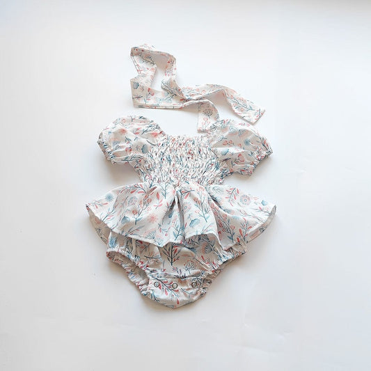 半袖ロンパース Floral / 60cm ベビー フラワー 花柄 シャーリング スカート 半袖 ロンパース ドレス リボン セット ガールズ【mh0002073】