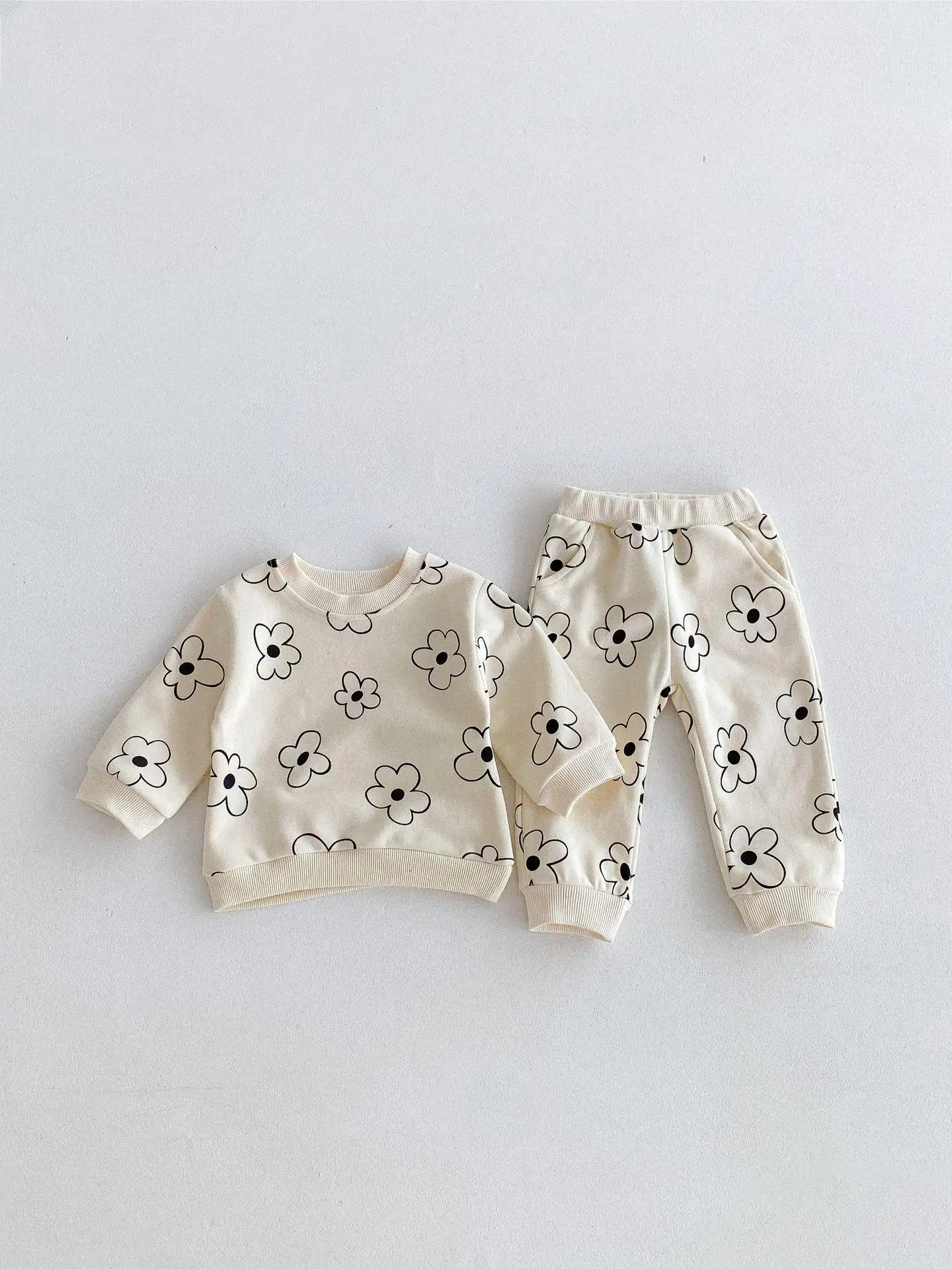 長袖セットアップ flower set / 9M 73cm ベビーキッズセットアップ 2点セット スウェットシャツ+スウェットパンツ レトロフラワー/カラフルラビットプリント