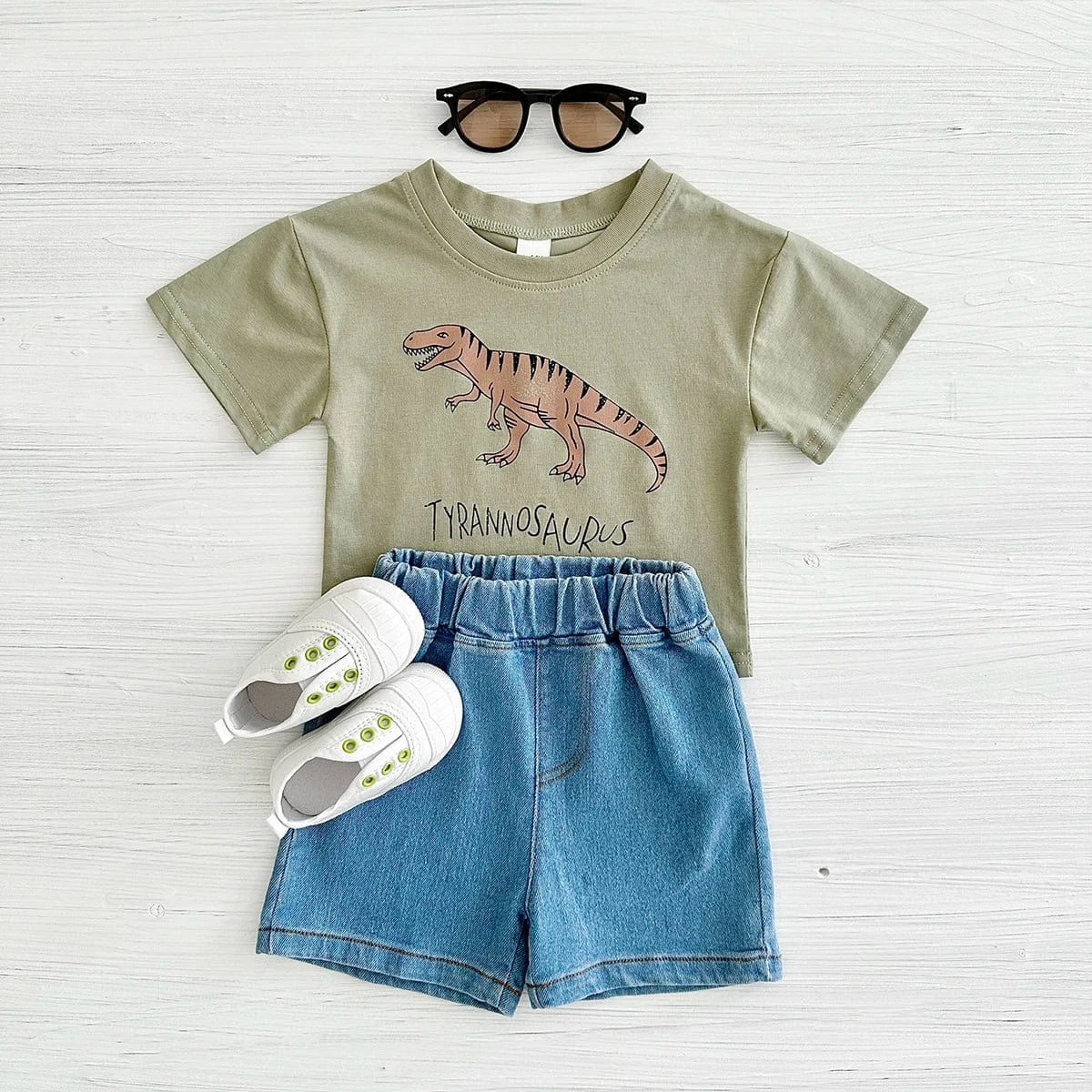 ベビー半袖Tシャツ+デニムショートパンツ2点セット 生成り×ブルー、ティラノサウルスプリント