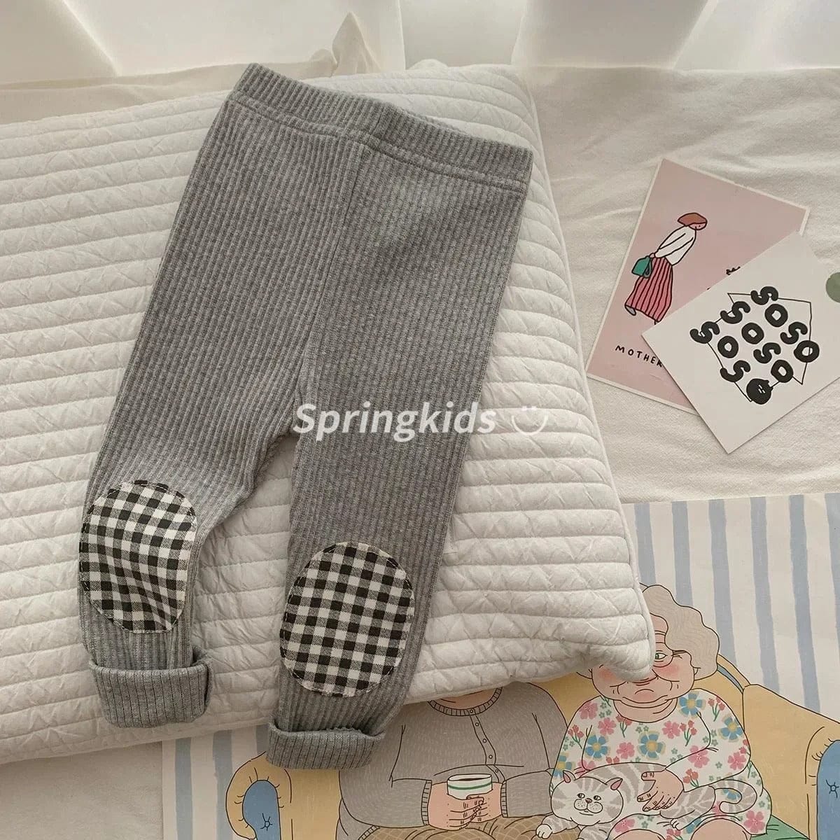 レギンスパンツ Gray / 6M 66cm ベビー チェック 膝パッチ リブ レギンス パンツ【mh0000623】