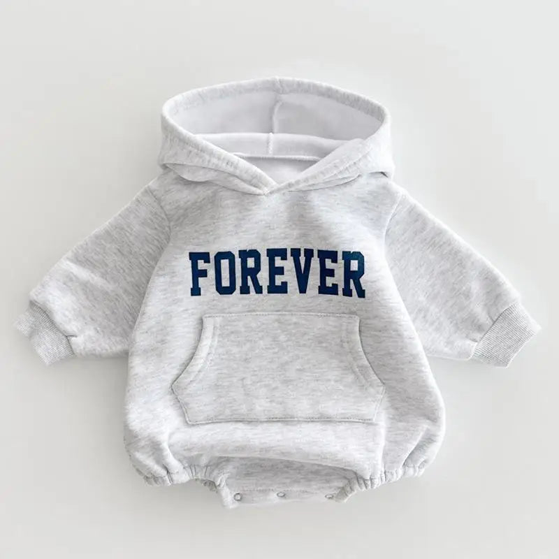 グレー長袖フーディ風ロンパース、胸元にFOREVERロゴプリント