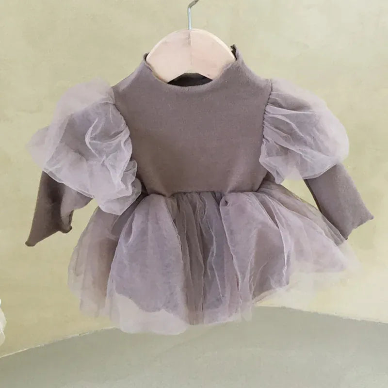 長袖ロンパース gray purple / 6M 66cm ベビーロンパース ベビードレス チュチュチュールドッキング 長袖ボディスーツ 2カラー