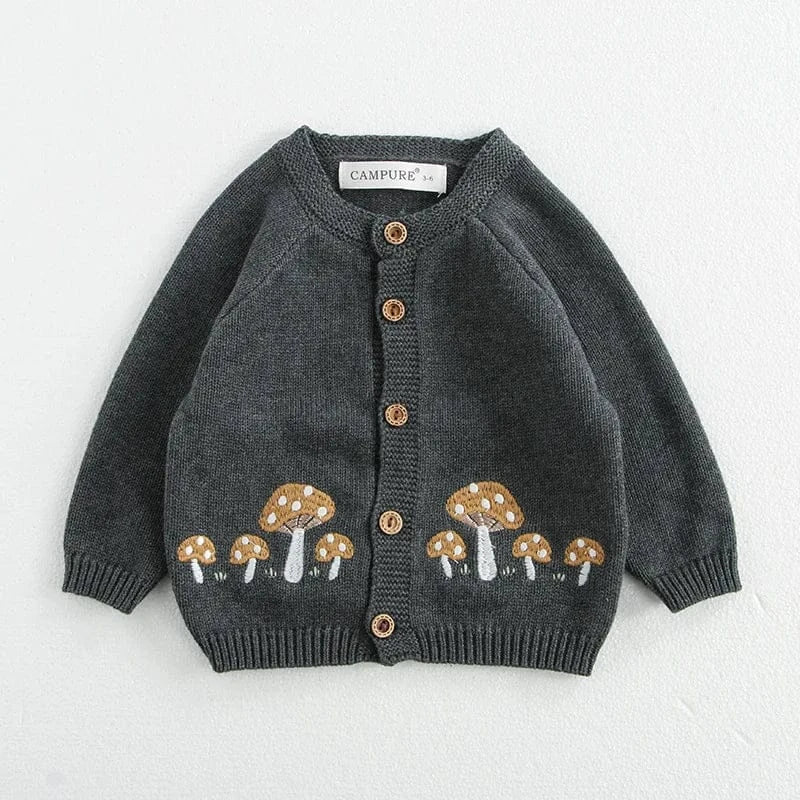 ベビー用ニットカーディガン きのこ刺繍 ボタン前開き ダークグレー