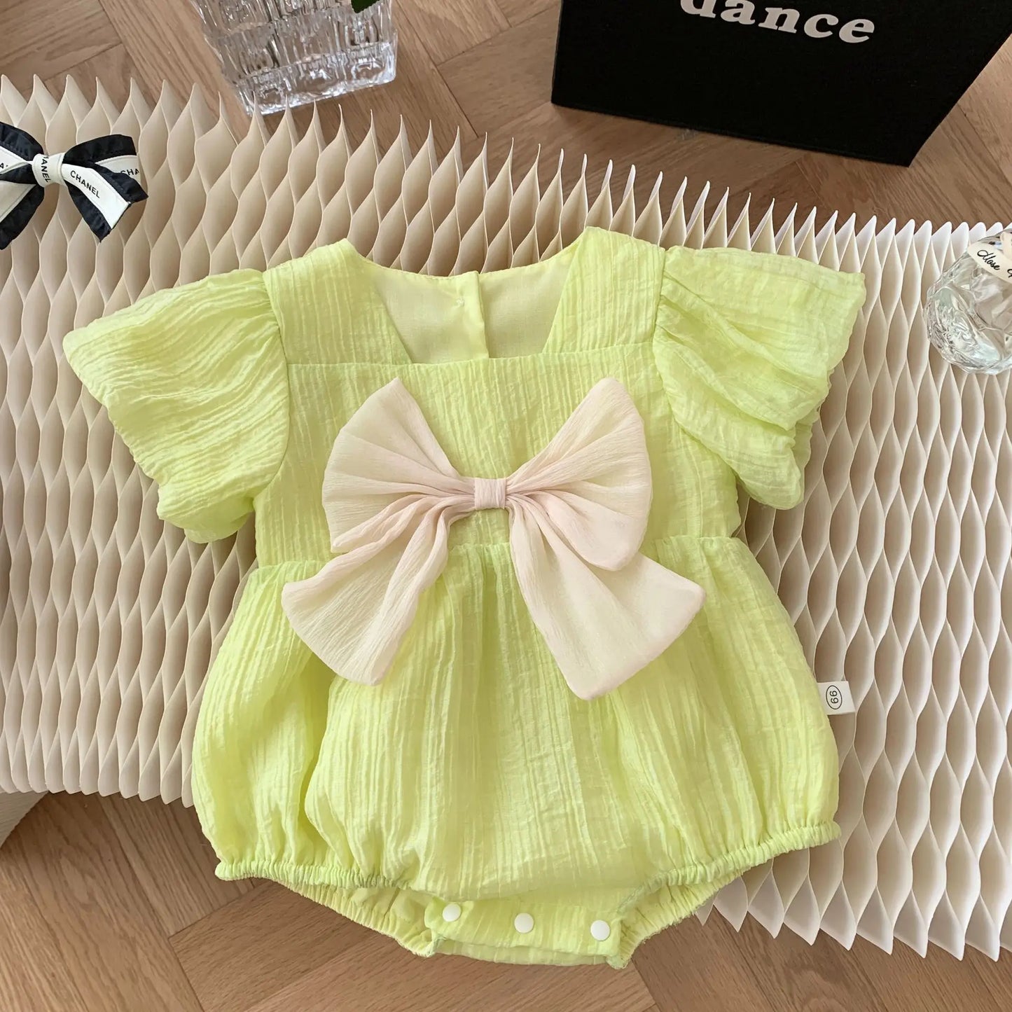 半袖ロンパース Green / 66cm 0-6m ベビーロンパース 半袖リボンボディスーツ 2カラー【mh0005061】