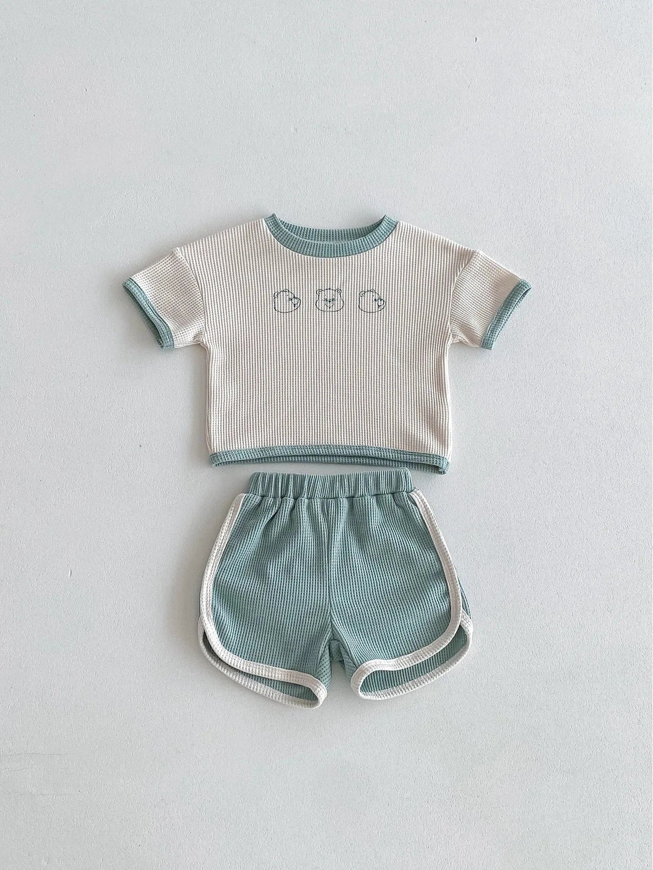 半袖セットアップ green / 66cm 0-6m ベビーセットアップ 2点セット ワッフル 半袖Tシャツ+ショートパンツ ベアくまプリント 3カラー