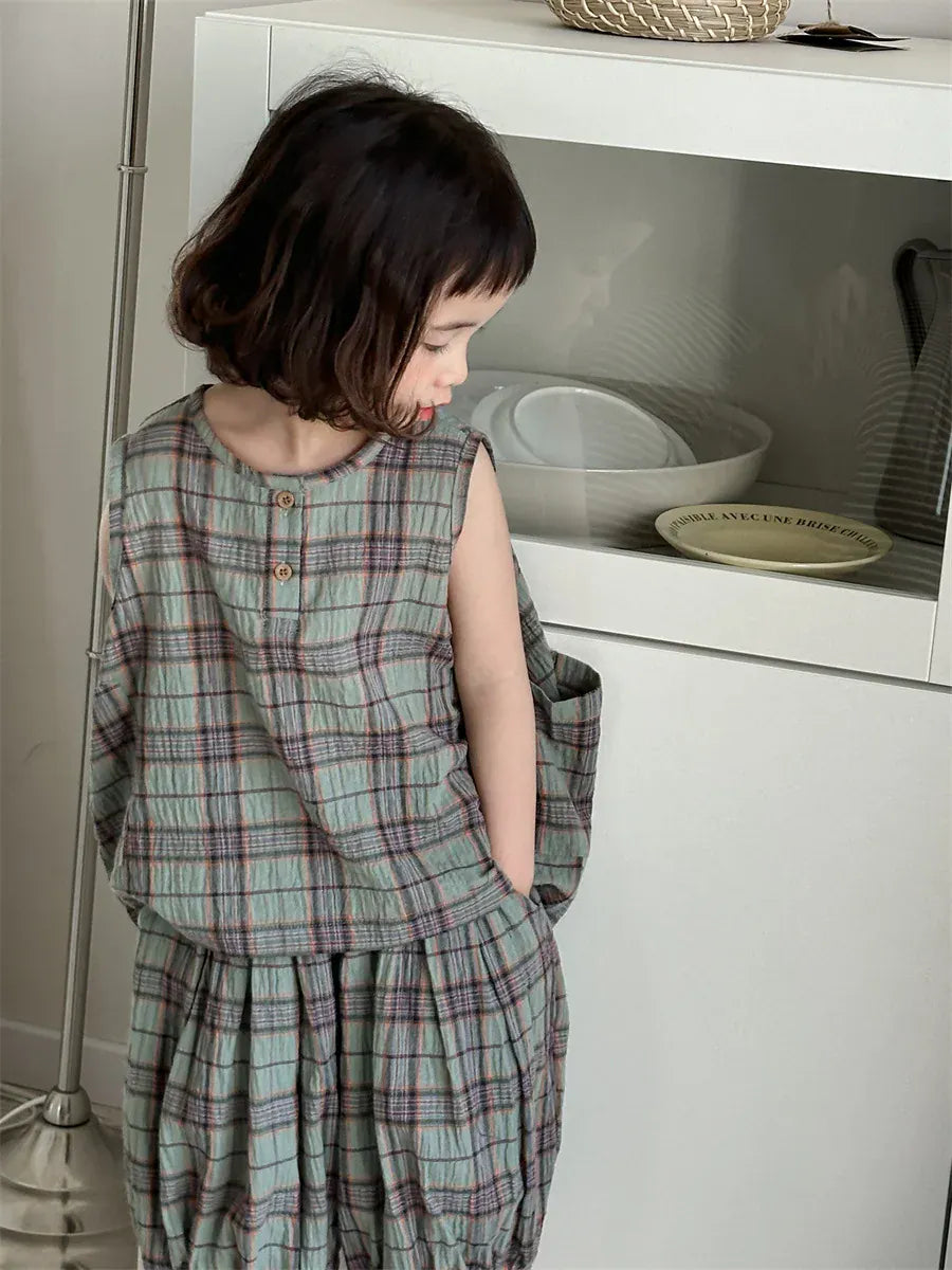 ノースリーブセットアップ green / 80cm 9-12m キッズセットアップ 2点セット コットンリネン ノースリーブトップス+バルーンパンツ レトロチェック 2カラー