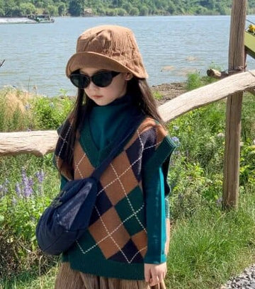 カーディガン・パーカー green vest / 90cm / 取り寄せ(7〜21日) キッズベスト カーディガン アーガイルチェック レトロ ニット コーヒー グリーン 2カラー ユニセックス 男の子 女の子 子供服